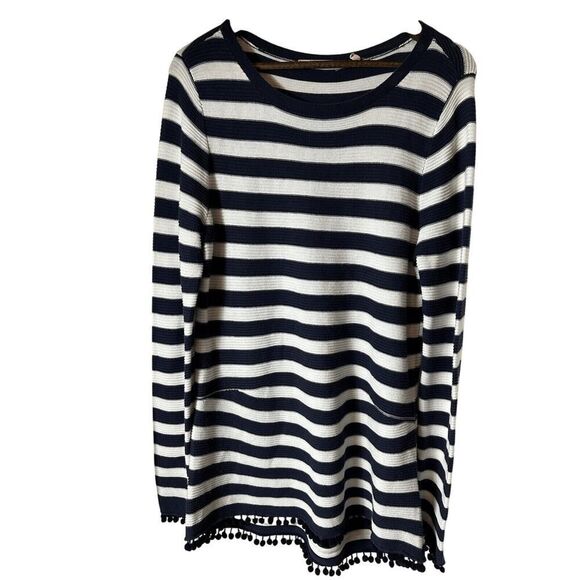 Soft‎ Surroundings Women's Vista Navy and White Striped Pom Pom Hem Tunic Size M - Picture 1 of 8